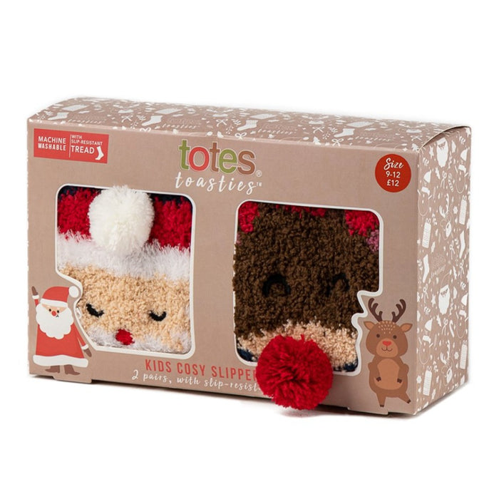 Totes unisex Kids Cosy Slipper Socks Stripey Reindeer and Santa