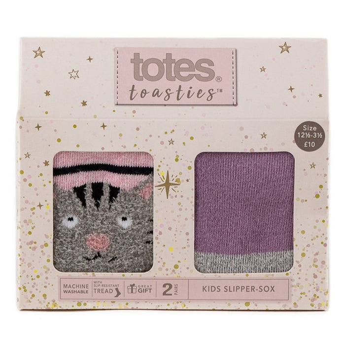 Toes Girls Slipper Socks Cats and Purple Stripes Gift Box