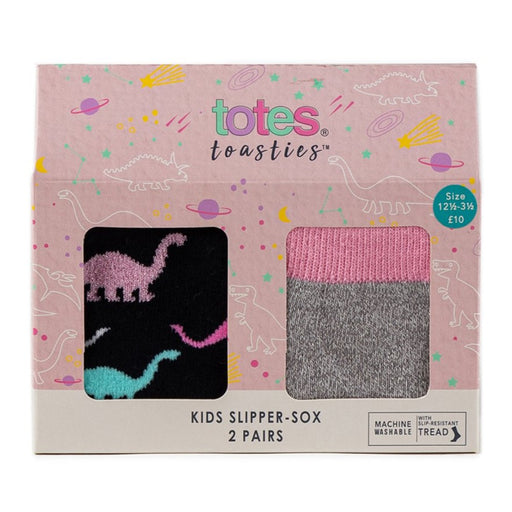 Totes Girls Slipper Socks Black Pink Grey Dinosaur Gift Box