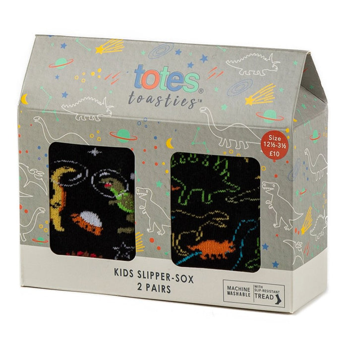 Totes Boys Slipper Socks Orange Black Green Dinosaurs Gift Box