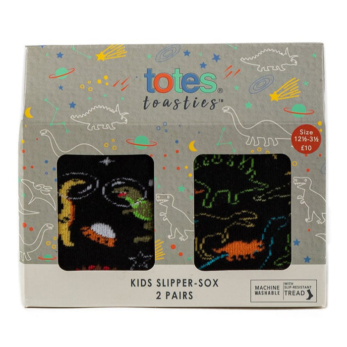 Totes Boys Slipper Socks Orange Black Green Dinosaurs Gift Box