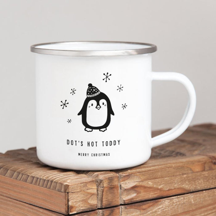 Personalised Christmas Enamel Mug Penguin