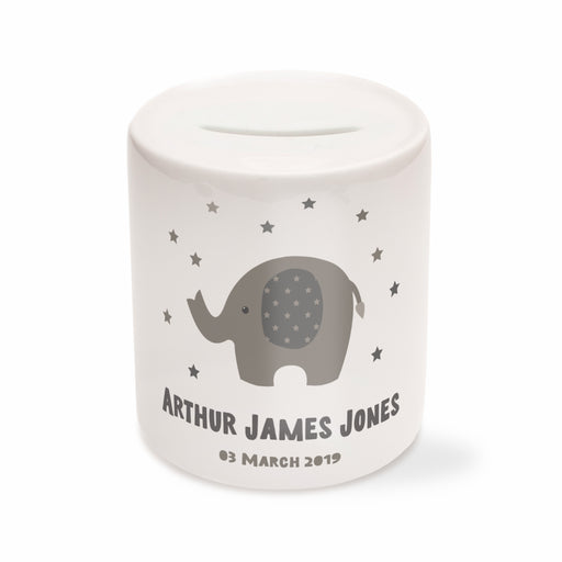 Personalised Elephant Money Box - Grey, Pink or Blue