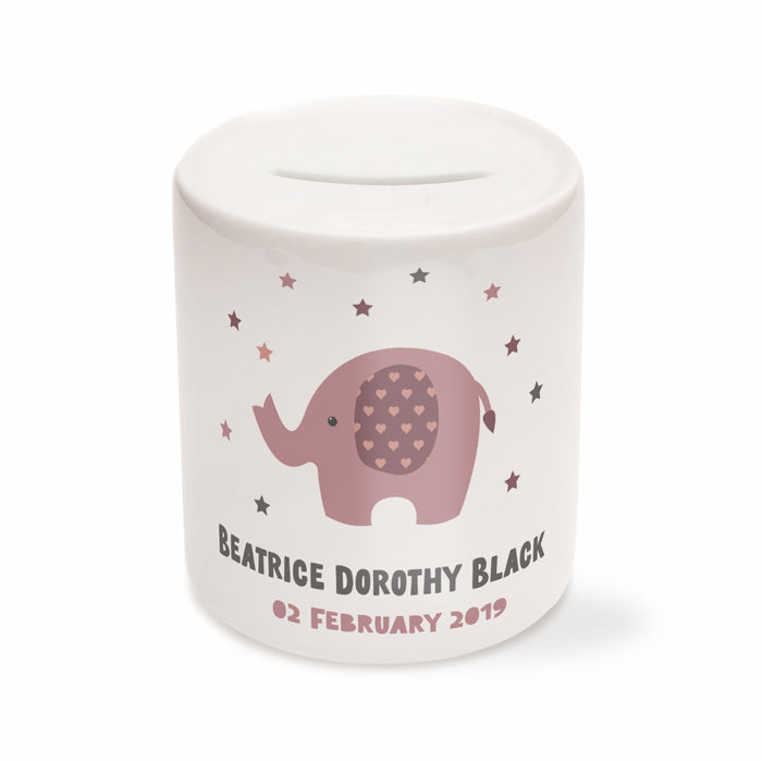 Personalised Elephant Money Box - Grey, Pink or Blue