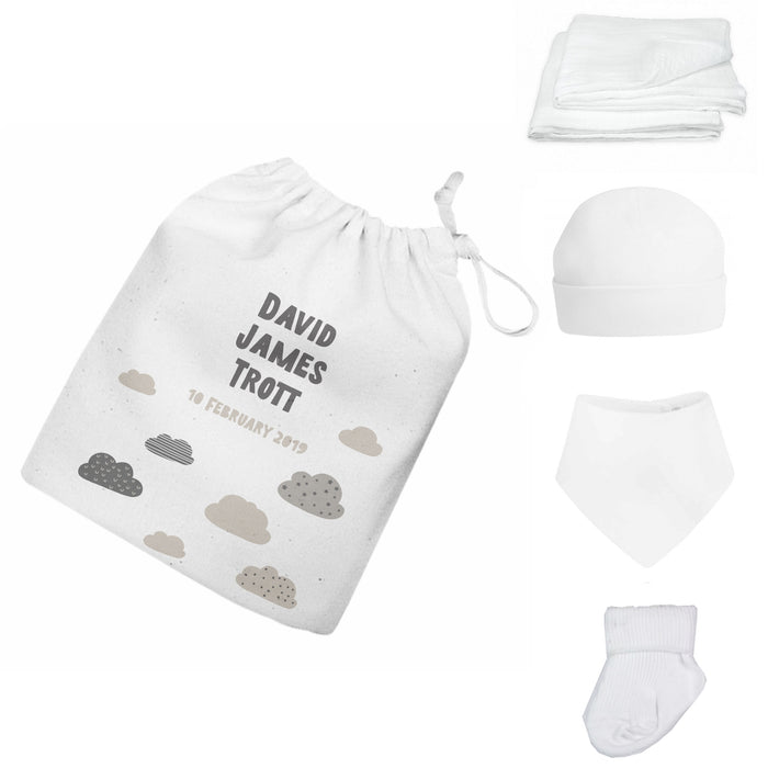 Personalised Newborn Baby Gift Set - Grey Clouds