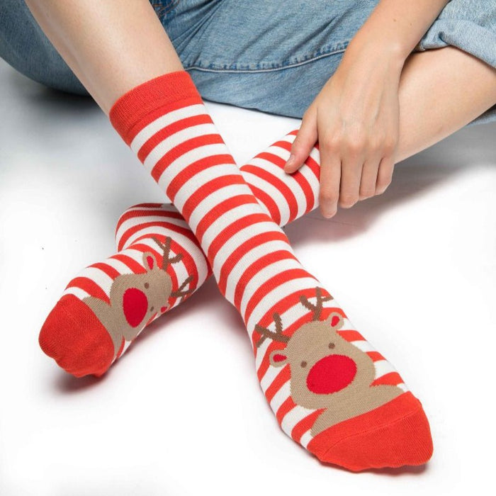Ladies Christmas Reindeer Bamboo Socks - Red and white stripe