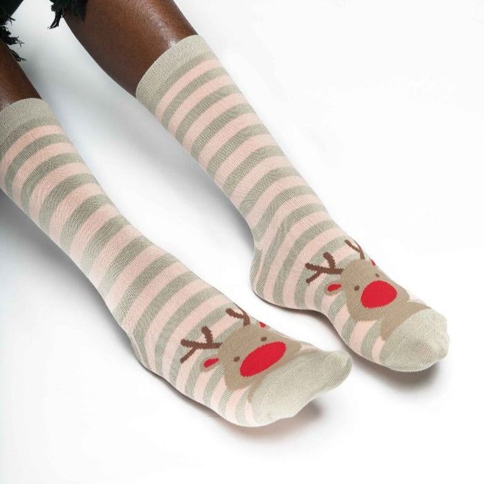 Ladies Christmas Reindeer Bamboo Socks - Silver And Pink Stripe